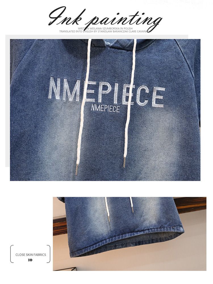 Sommermode Denim Zweiteiler Anzug Elastische Hose Kapuzenjacke Damen Weites Bein Stilvoll Locker Schlank Zweiteiler Set_voghion.com