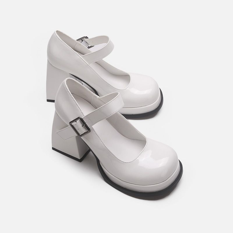 Höga klackar för kvinnor chunky retro Mary Jane plattformsplattform läderbälte med rund tå_voghion.com