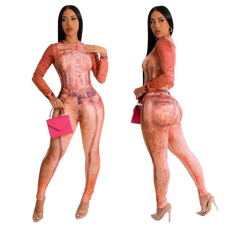 Roupas femininas macacão sexy justo estampado terno de duas peças_voghion.com