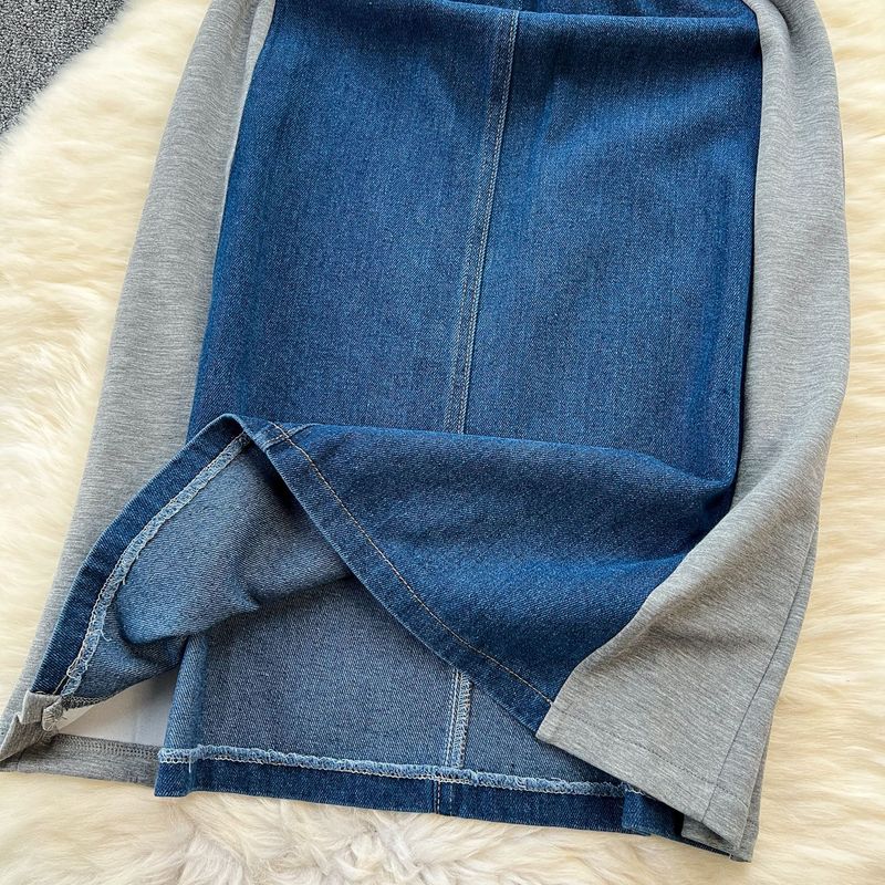 Nischen-High-End-Zweiteiler-Spleißen-Jeanskleid für Frauen Koreanische Version des Retro-Temperaments mit gerüschter Taille_voghion.com