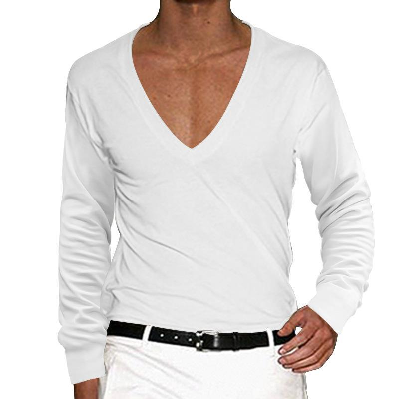 new long-sleeved t-shirt men's spring and autumn large V-neck solid color slim thin section casual t-shirt top_voghion.com