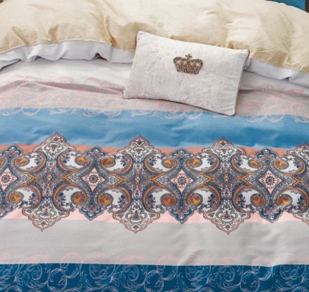 Hannah Blue Damask 100% Cotton 3 pcs Comforter Set _voghion.com