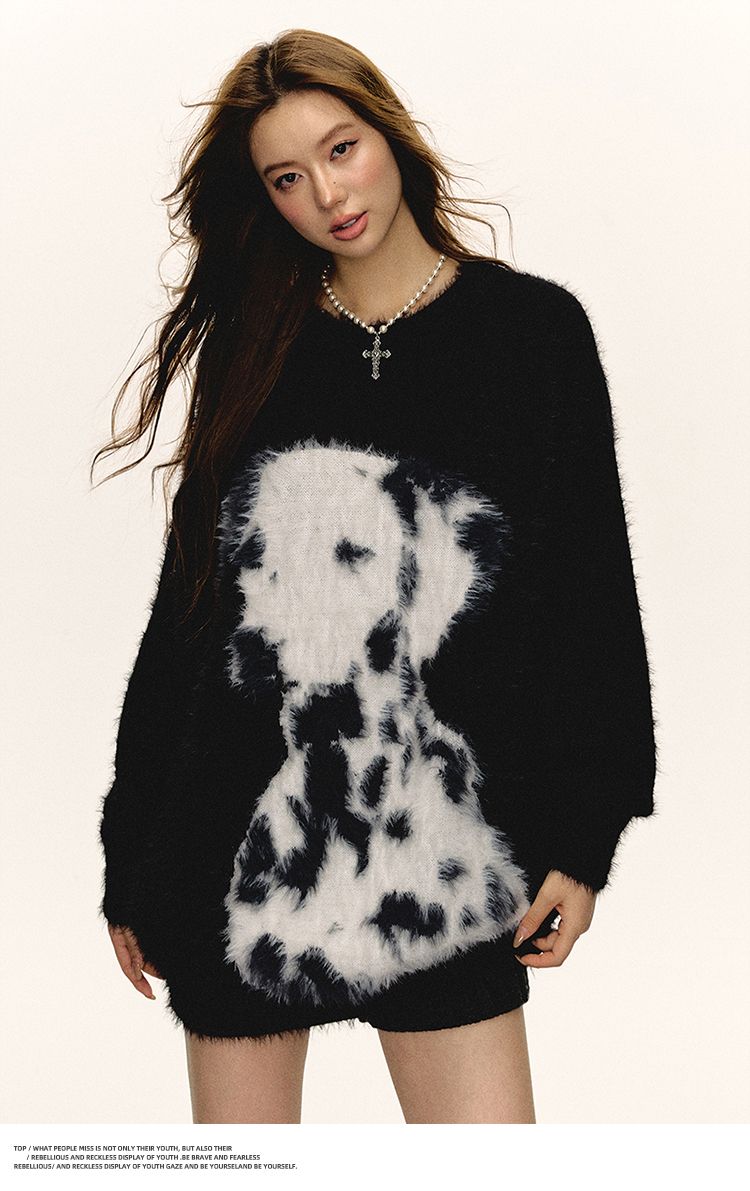Aaisup Black Cartoon Dalmatian Dog Round Neck Sweater For Women Winter Soft Lazy Style Loose Versatile Knitted Top_voghion.com