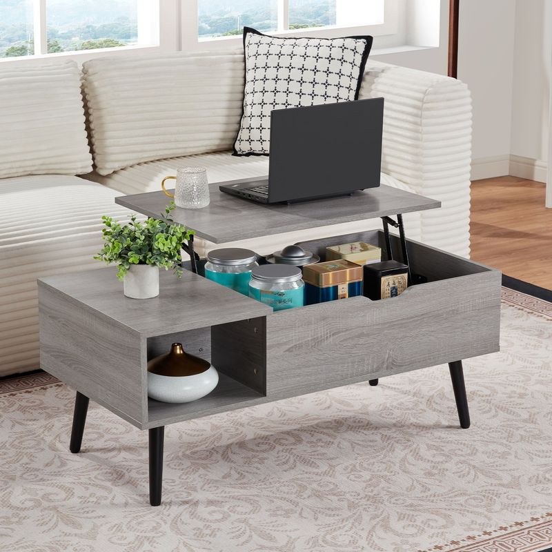 39" Wood Lift Top Coffee Table With Hidden Compartment And Storage Shelf For Living Room, Reception Room, Grey_voghion.com