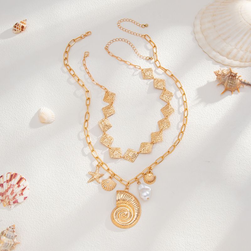 Ozean Ins Wind Sea Star Fan Shell Große Conch Mode Metall Diamant Perle Halskette_voghion.com