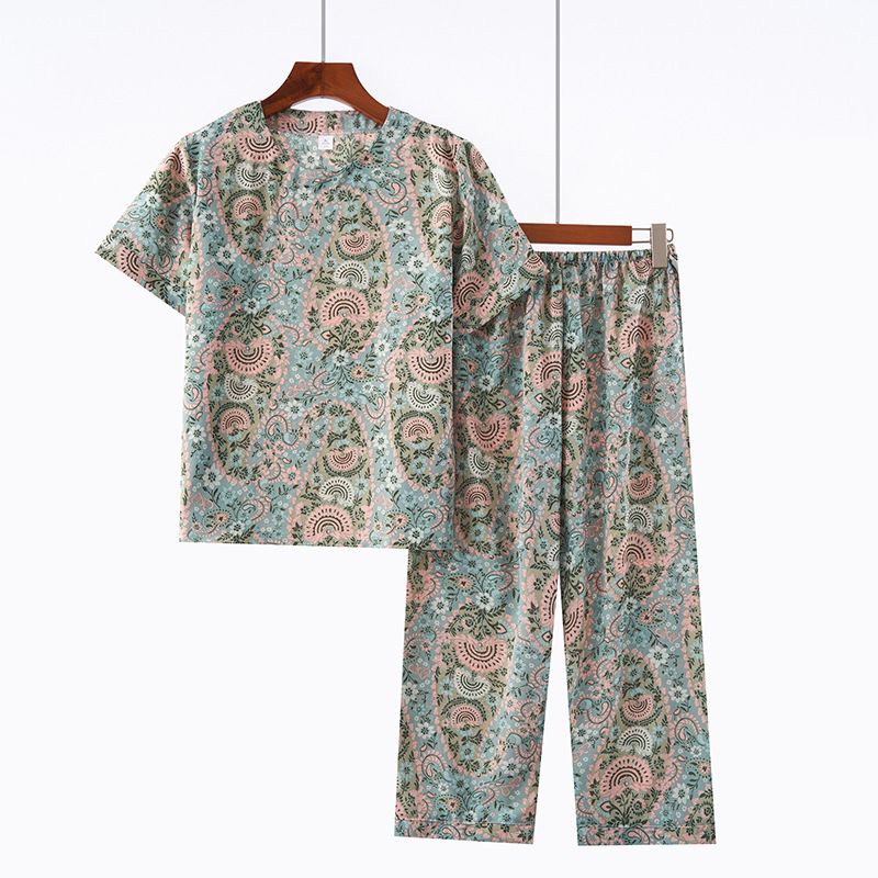 Conjunto de duas peças para mulheres de meia-idade e idosas, verão, gola redonda, estampado, manga curta, solto, casual, confortável, avó_voghion.com