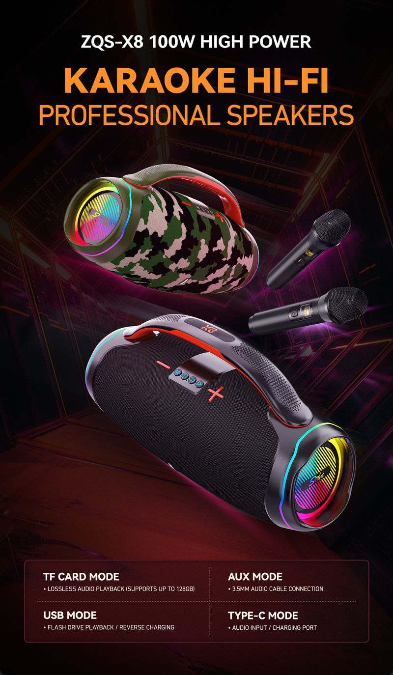 Sing-e ZQS-X8 Enceinte Bluetooth haute puissance 100 W pour extérieur, caisson de basses portable, pour danse carrée et chanson K_voghion.com