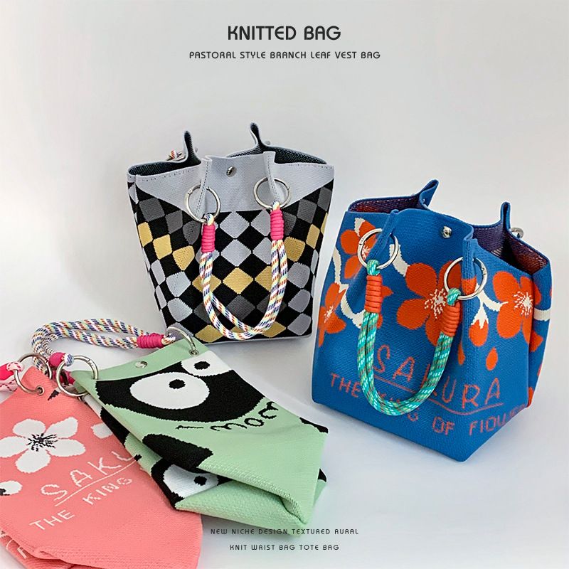 New Ins Niche Design Knitted Women's Fashion Travel Photo Handbag Bucket Shoulder Bag_voghion.com