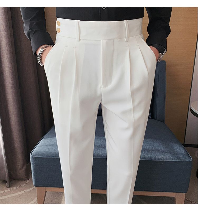 Pantaloni napoletani da uomo nuovi di zecca, in twill strutturato, con vita a pieghe, design casual a nove punte, vita media e alta_voghion.com