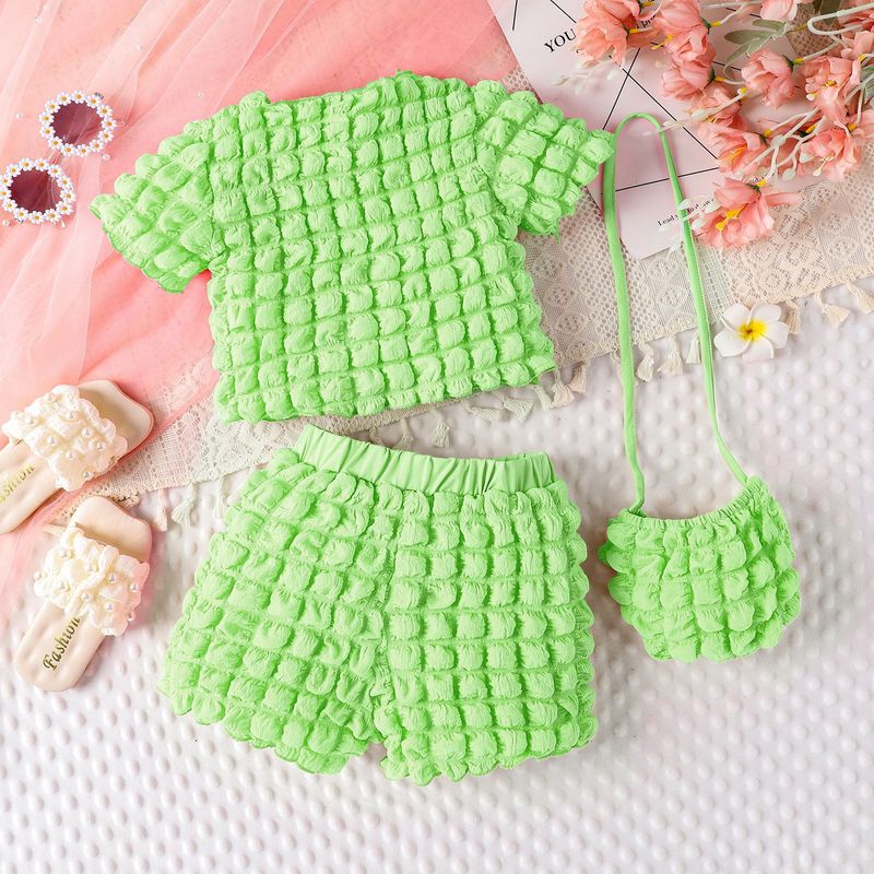 Ensemble d'été pour enfants, haut à manches courtes + short + sac à carreaux à bulles solides, couleur bonbon, ensemble pour filles_voghion.com