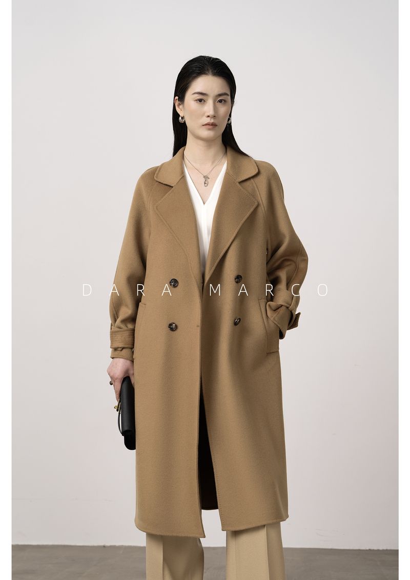 Trench double-face di lusso in misto cashmere e seta per donna – Elegante design con spalle scese, cappotto lungo aderente con drappeggio lusinghiero_voghion.com
