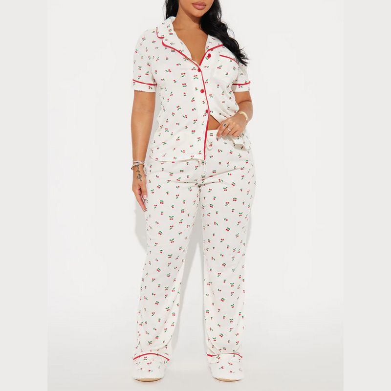 Women's Clothing Home Comfortable Printed Front Open Lapel Short Sleeved Trousers Suit_voghion.com