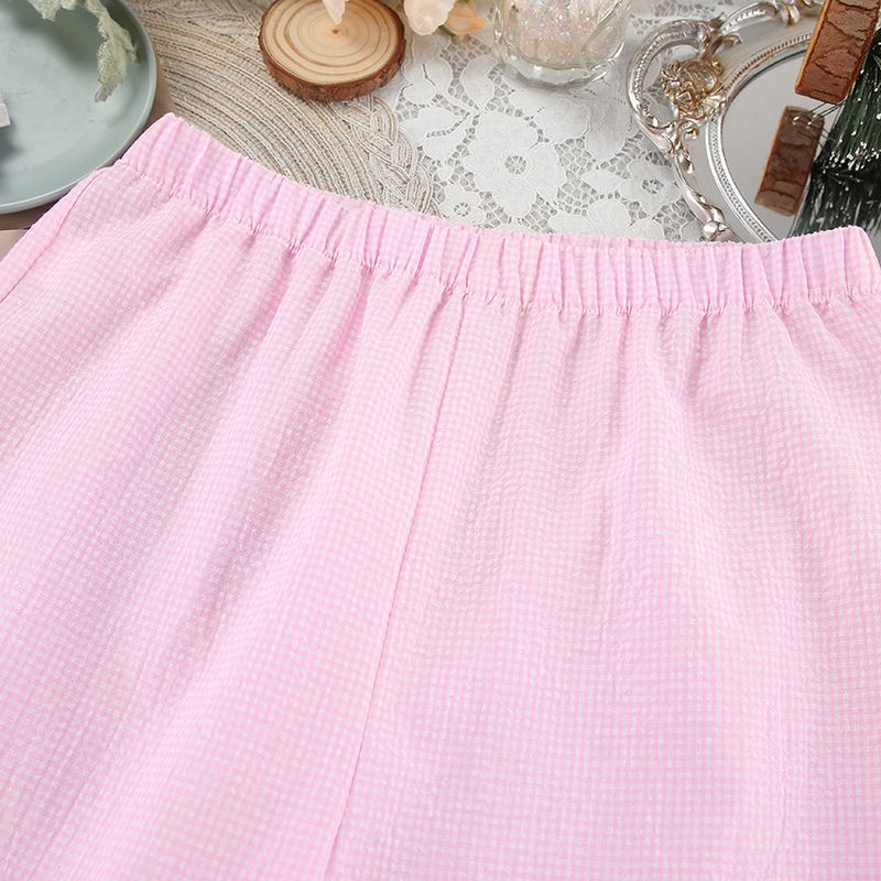 Autumn and winter new pink plaid loose feather sleeved long pants pajamas women's set home clothes_voghion.com