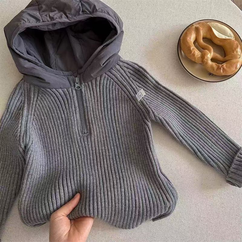 2025 Autumn Winter New Children's Girls Boys Patchwork Hooded Korean Design Versatile Cute Baby Sweater Pullover Knitted_voghion.com