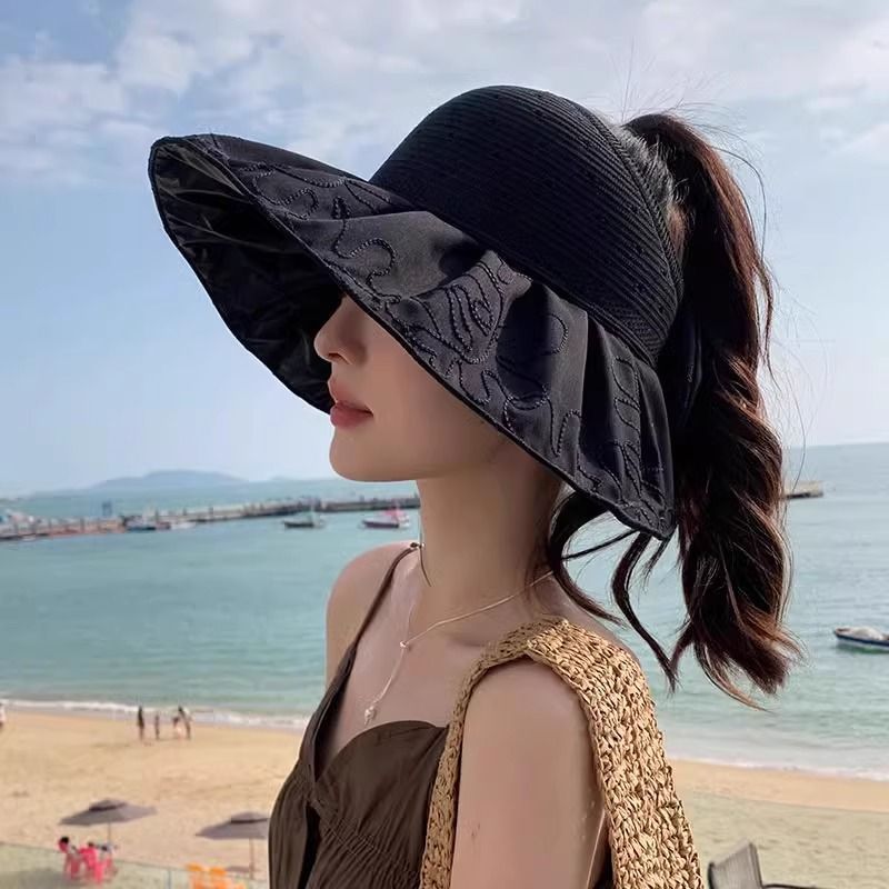 Cappello da sole da donna con protezione UV, per le vacanze al mare, con possibilità di annodare la coda di cavallo, cappello a cilindro vuoto, versatile cappello da sole con tesa larga_voghion.com