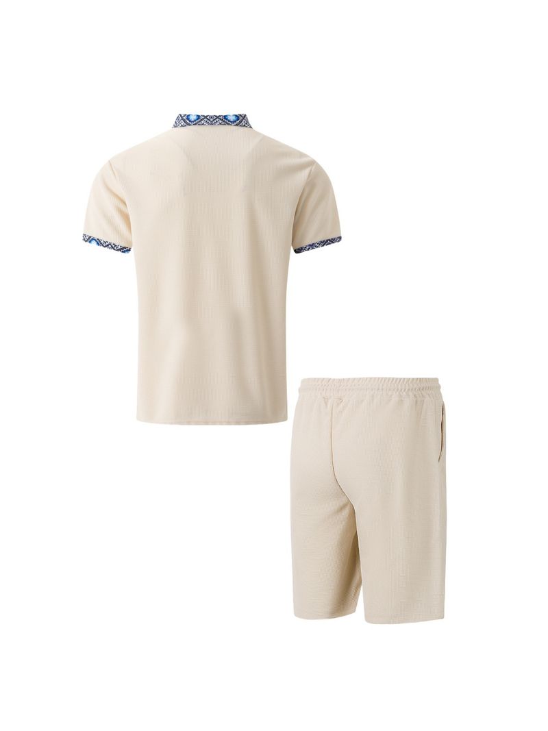 Herren-Set aus Waffelstrick-Kurzarmhemd und Shorts – Reverskragen mit Reißverschlussdetail, einfarbiges Freizeitoutfit_voghion.com
