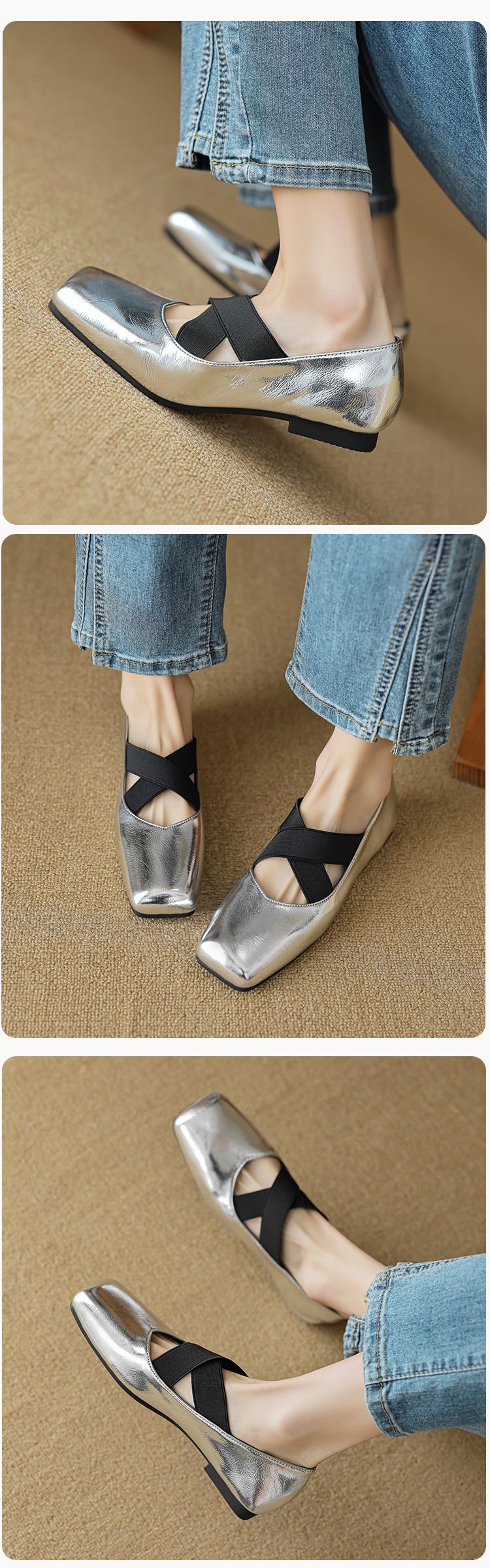 Silver Ballet Shoes Women's Light Mouth Vintage Cross Strap Square Head Single Shoes Women's Soft Sole_voghion.com