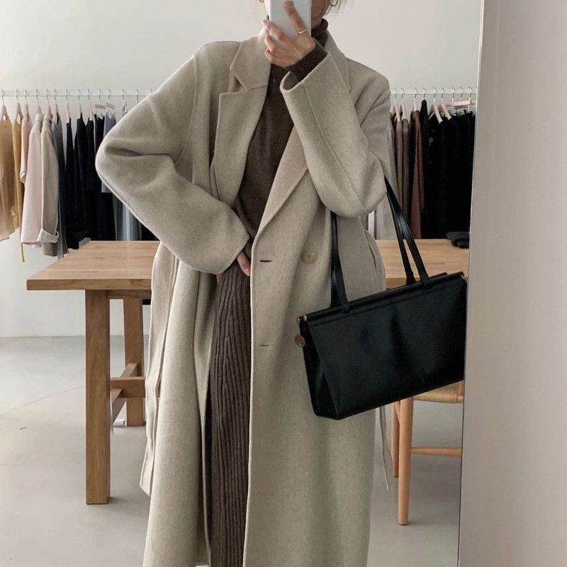 Korean Chic Oversized Wool Coat – Double-Breasted Long Trench Coat With Belt, Minimalist Office Wear & Timeless Outerwear_voghion.com