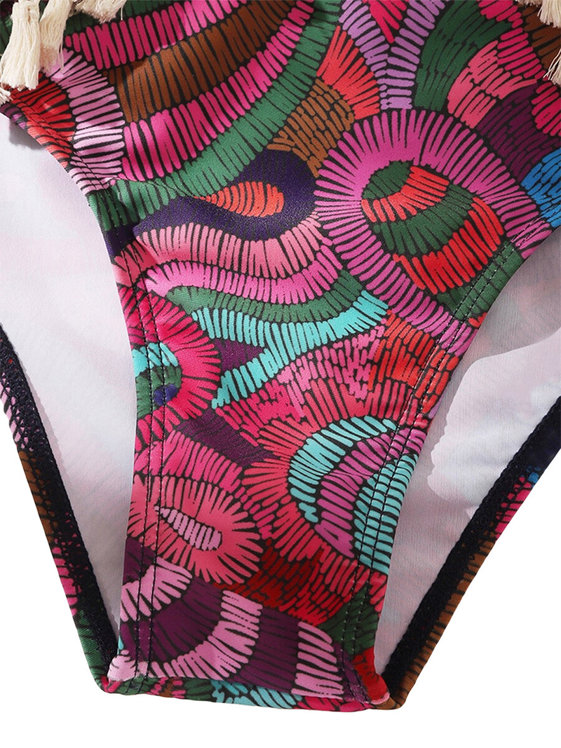 Happybuyner Ensemble de maillot de bain 2 pièces pour femme Imprimé rétro Col en V Débardeur rembourré et slip élastique avec glands Vêtements de plage_voghion.com