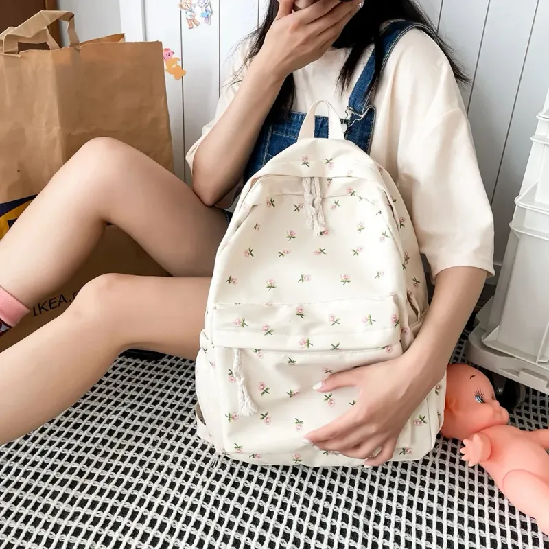 Zaino scolastico coreano per studenti, con motivo floreale, bianco, per ragazze adolescenti, grazioso zaino da donna, in nylon 250514l_voghion.com