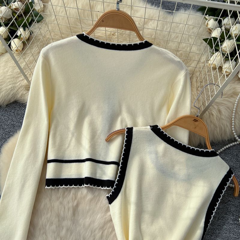 Elegante, tweedelige gebreide set voor dames - chique ronde hals, lange mouwen en mouwloze kokerjurk (beige/zwart, één maat)_voghion.com