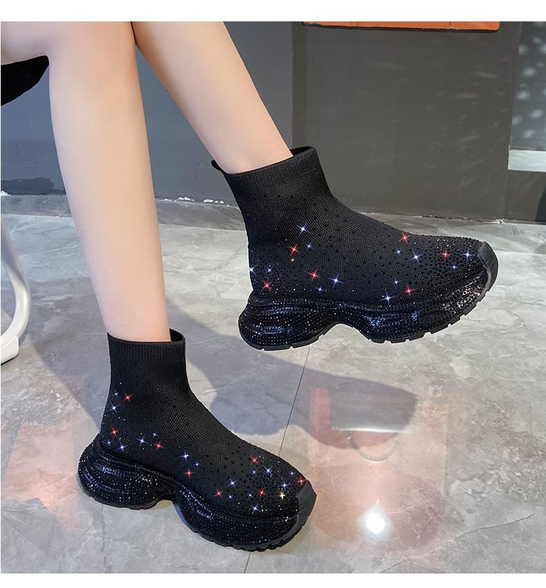 Gestrickte Sockenstiefel für Damen mit Strasssteinen, Slip-On-Sneakers mit dicker Sohle, atmungsaktive, elastische High-Top-Booties für Sommer, Frühling und Herbst_voghion.com