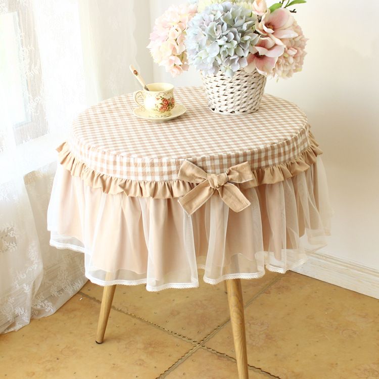 Tovaglia rotonda in pizzo di puro cotone con motivo scozzese blu effetto lavato_voghion.com