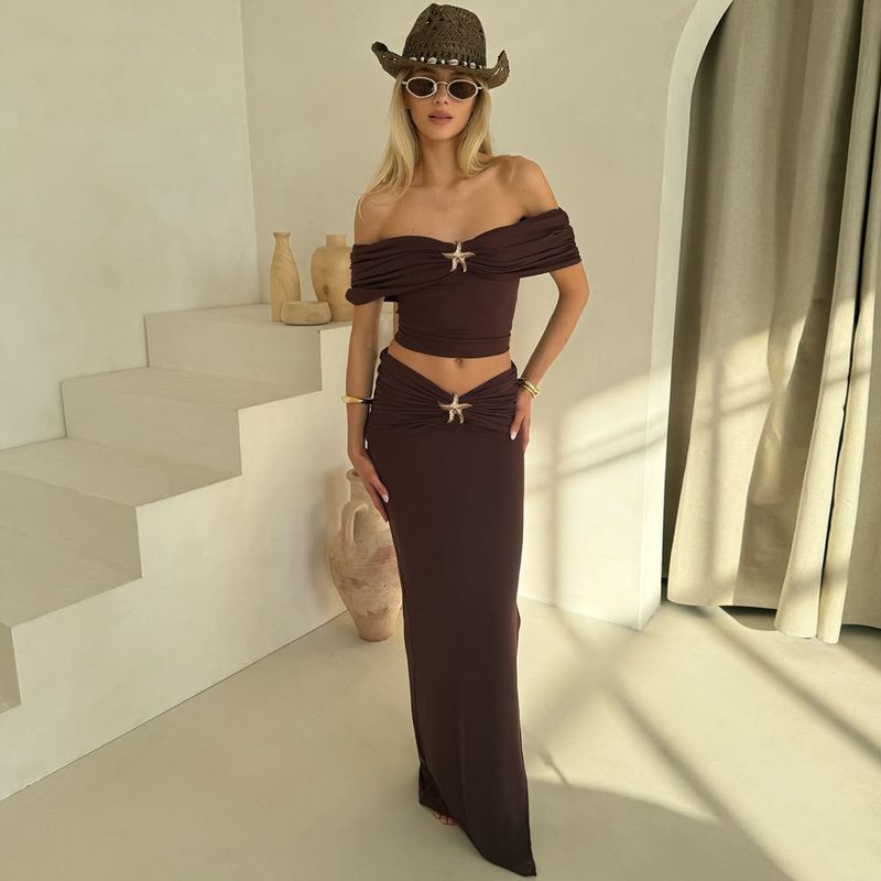 Damen 2025 Sommer Neue Mode Off-Shoulder Crop Top Slim Fit Split Rock Set_voghion.com
