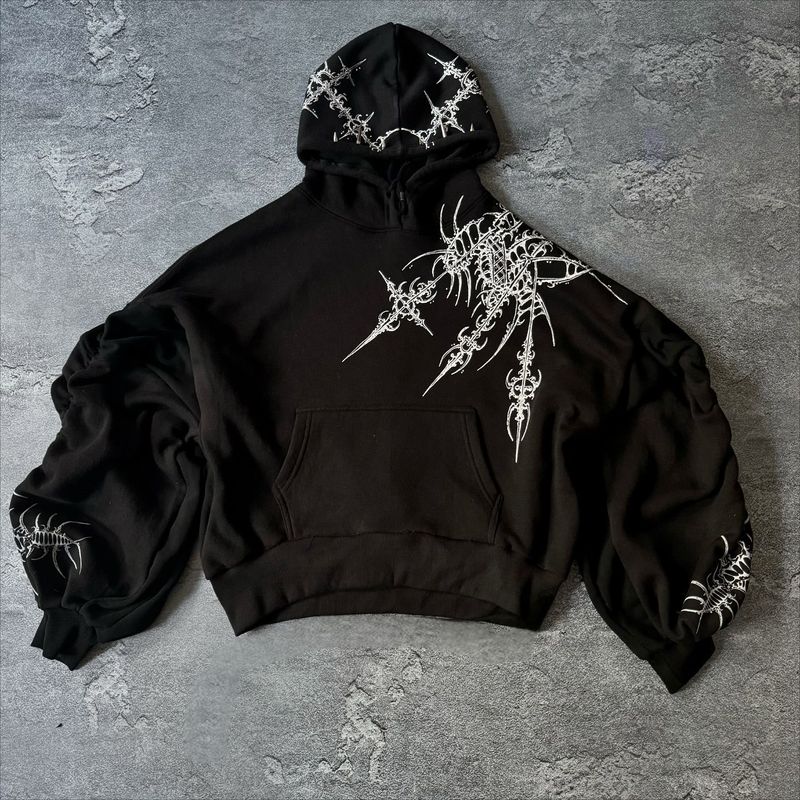 Felpa con cappuccio streetwear retrò Y2K - Felpa con cappuccio con stampa geometrica estetica scura, vestibilità oversize, felpa con cappuccio unisex per uomo e donna_voghion.com