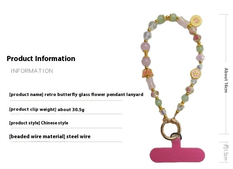 Mobiltelefon-kötél, kínai stílusú üvegvirág medál karkötő, női lánc, rövid csuklódíszes lánccsipesz,_voghion.com
