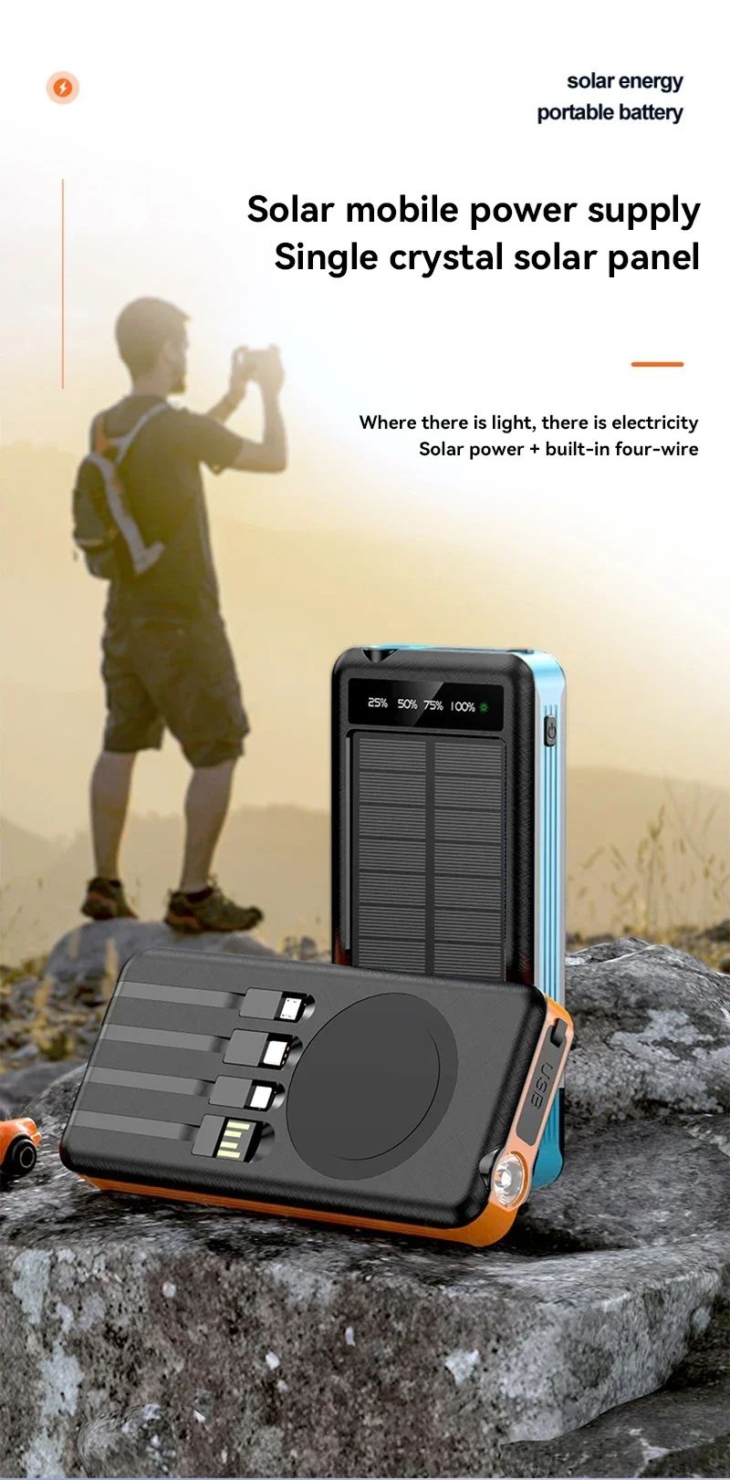 100000mAh Solar Bank Wireless Fast Charging Battery Large Capacity Mobile Power Dual USB 4 Cables For IPhone_voghion.com