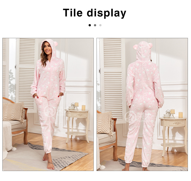Overall mit „Love“-Aufdruck auf der Rückseite, einteiliger Flanell-Pyjama-Overall für Erwachsene mit Kapuze_voghion.com