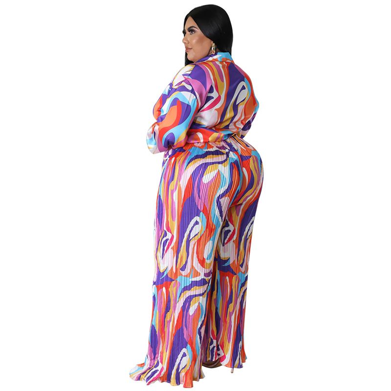 Costume deux pièces en dentelle V profond pour femmes, nouvelle couleur imprimée, pantalon plissé à manches longues, automne et hiver_voghion.com