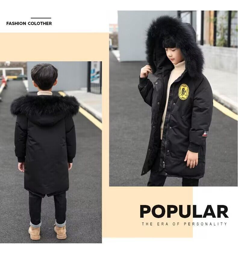 Winter New Style Boy Down Baumwollmantel im koreanischen Stil mittlerer und großer Kinderkinder verdickter großer Pelzkragen mittlerer und langer Baumwollmantel_voghion.com