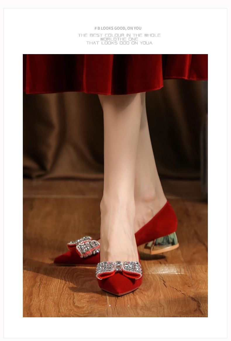 3333H-059 Thick Heel Suede Red High Heels With Rhinestone Bowknot For Banquet Wedding Comfortable Women's Shoes_voghion.com
