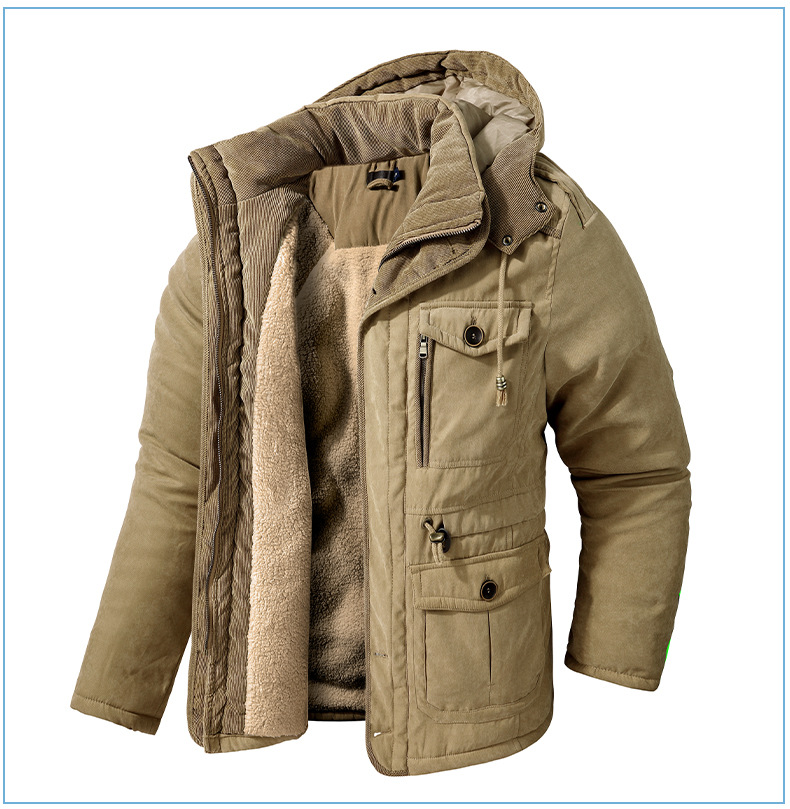 Men's Plus Size Shearling Hooded Cotton Jacket Thickened Multi-Pocket Cotton Top Casual Mid-Length Coat_voghion.com