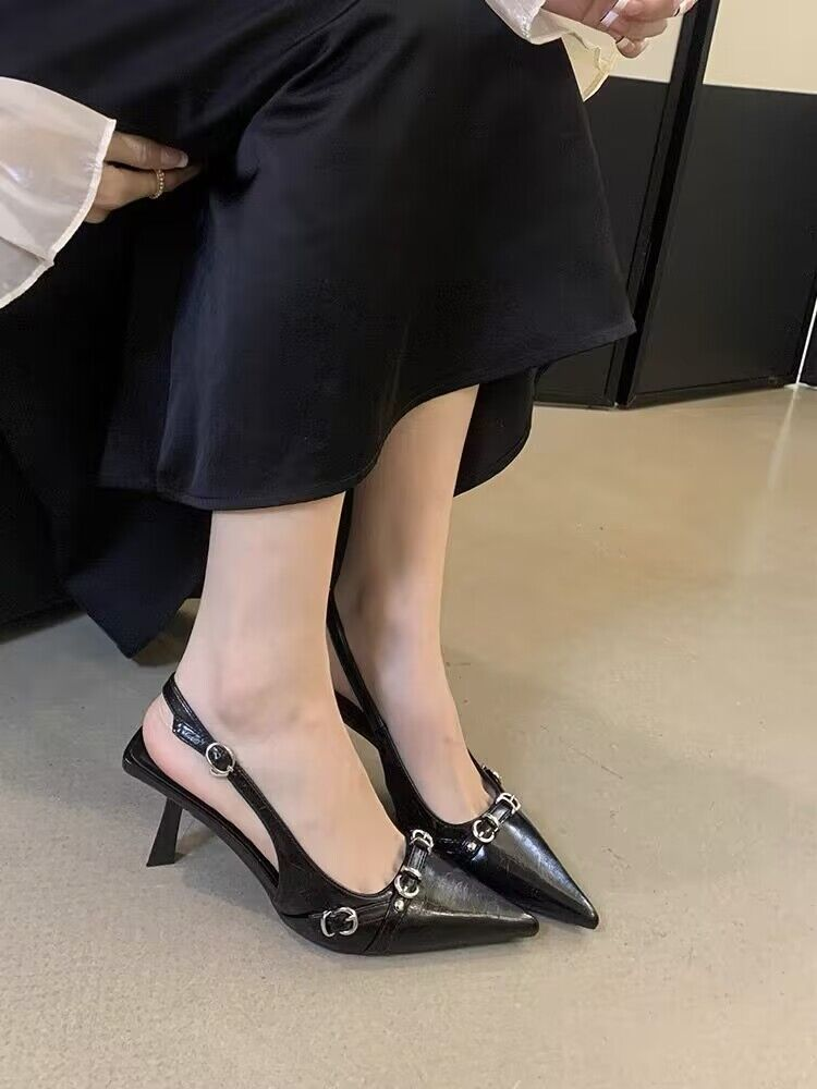 MTX Supermodel Fahion Sandal 2025 Spring New Mature Style Black Patent Leather Pointed Toe Irregular High Heel Single_voghion.com