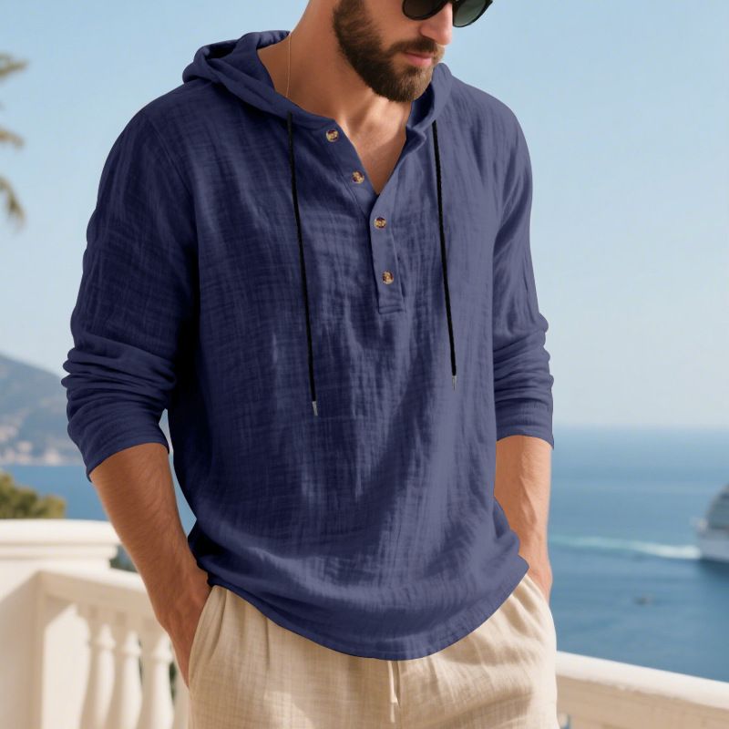 Herren-Kapuzenhemd aus Leinenmischung – Leichtes und atmungsaktives Langarm-Strandhemd (Schwarz/Grau/Armeegrün, lockere Passform, maschinenwaschbar)_voghion.com