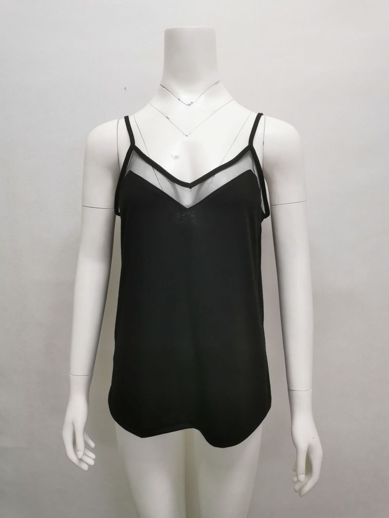 Damen-Sommerkleidung, einfarbig, Spaghettiträger, Netzstoff, V-Ausschnitt, Spleißen, Leibchen für Damen_voghion.com