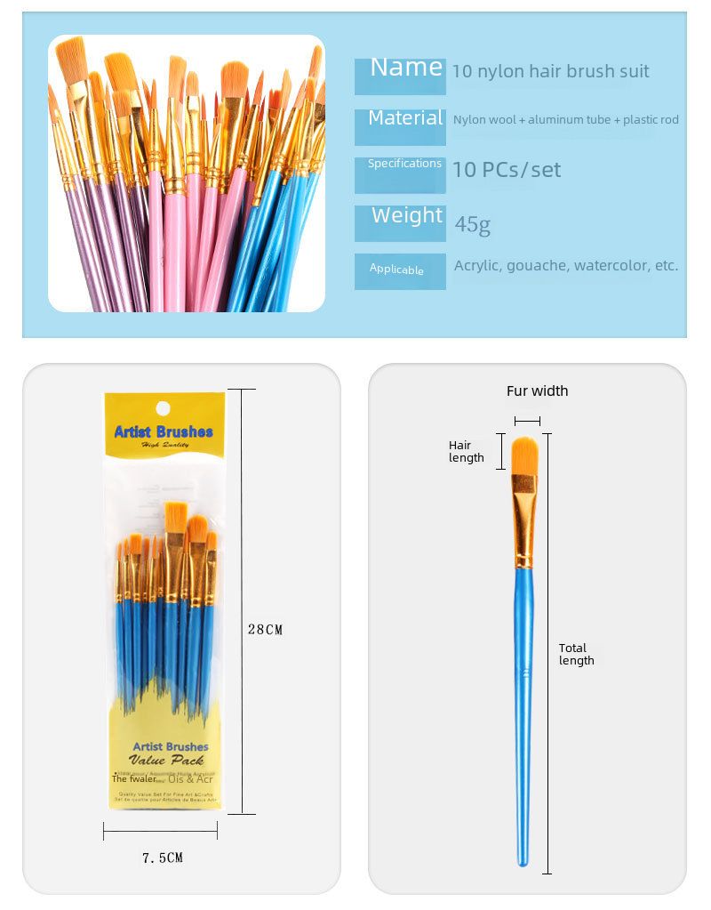 New plastic rod 10 blue oil brush set painting watercolor hand-painted art brush oil brush set_voghion.com