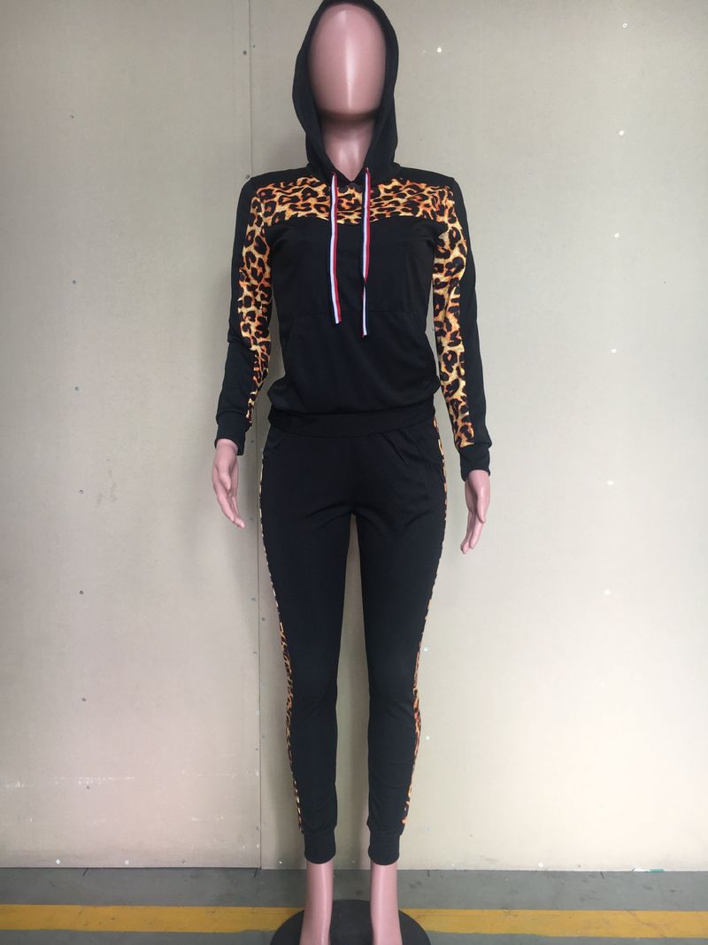 Vêtements pour femmes, imprimé léopard, ensemble deux pièces décontracté à capuche_voghion.com