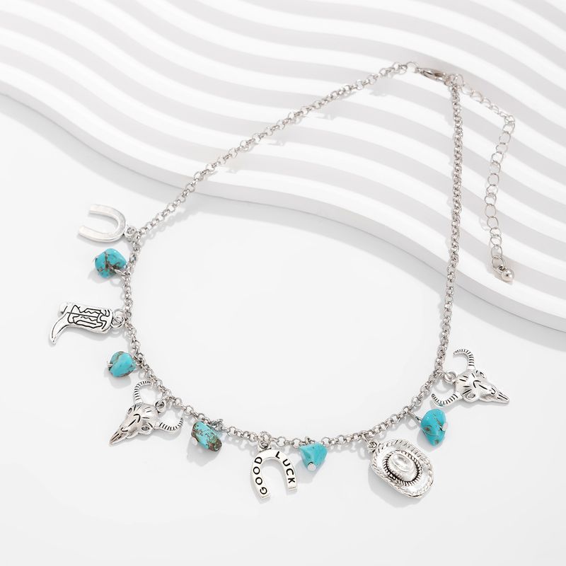 Cappello da cowboy in stile western, collana multistrato turchese per donna, collana versatile con piatto di fiori retrò_voghion.com