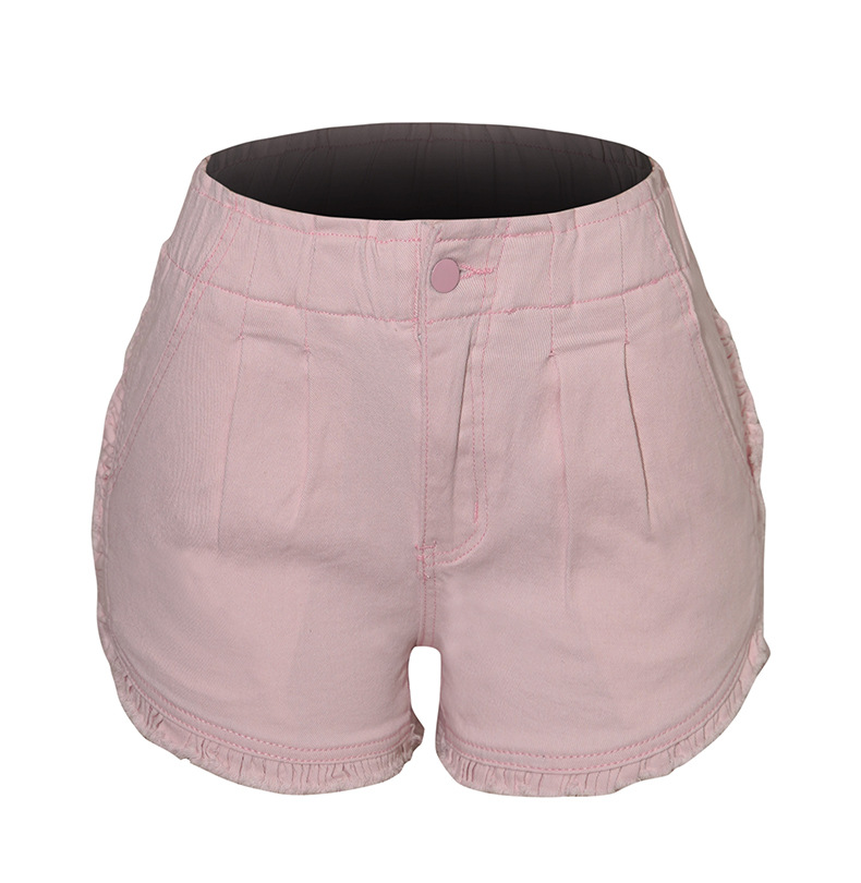 elastic elastic waist ruffled women's jeans shorts_voghion.com