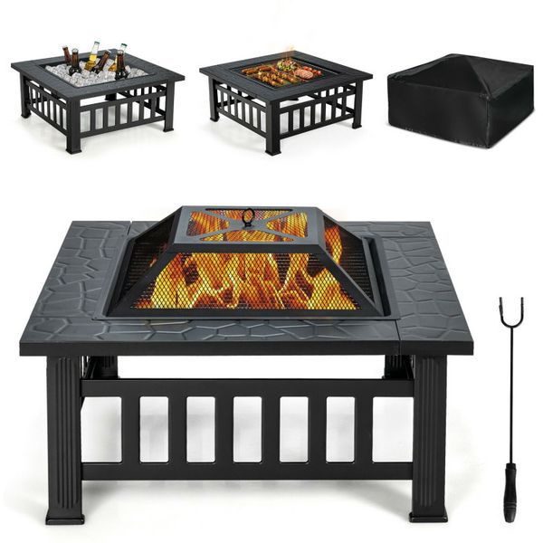 32 Inch 3 In 1 Outdoor Square Fire Pit Table With BBQ Grill And Rain Cover For Camping_voghion.com