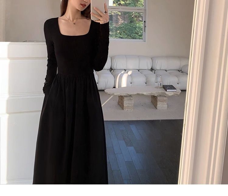 Quadratischer Ausschnitt im französischen Stil für Damen, Frühling und Herbst, neues elegantes, taillenbetontes, schlankmachendes Ärmelkleid in Schwarz mit A-Linie_voghion.com