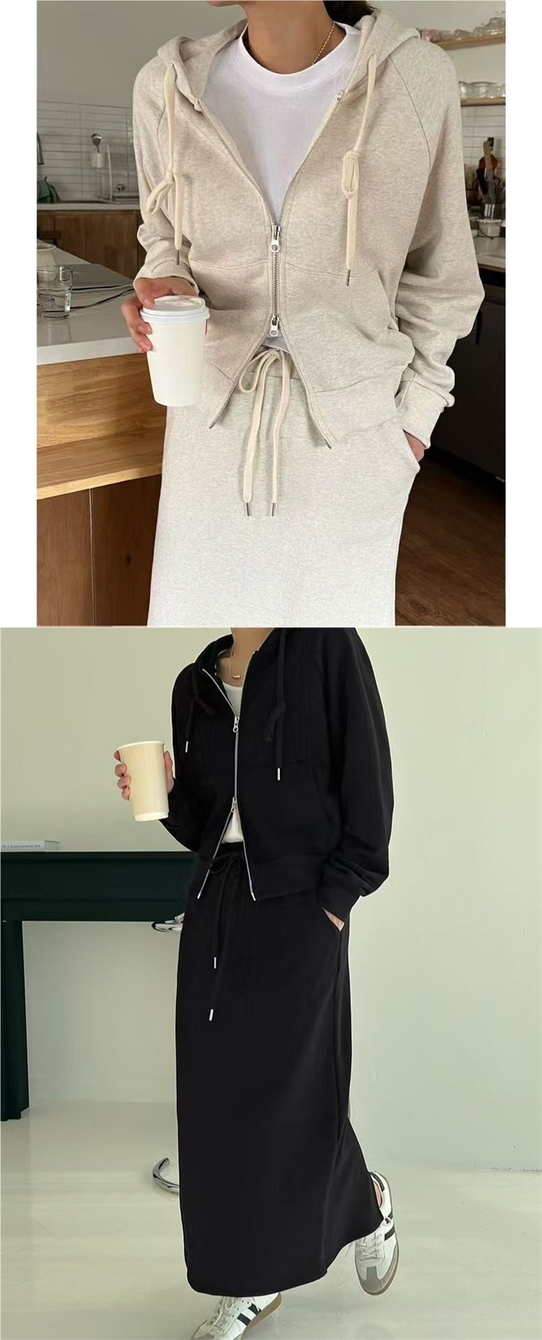 Tuta sportiva casual da donna ActiveGo autunno e inverno, felpa con cappuccio e giacca + gonna a mezza lunghezza snellente a vita alta_voghion.com