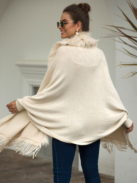 Fitshinling col en fourrure hiver châles et enveloppes bohème frange surdimensionné femmes hiver Ponchos et Capes manches chauve-souris Cardigan_voghion.com