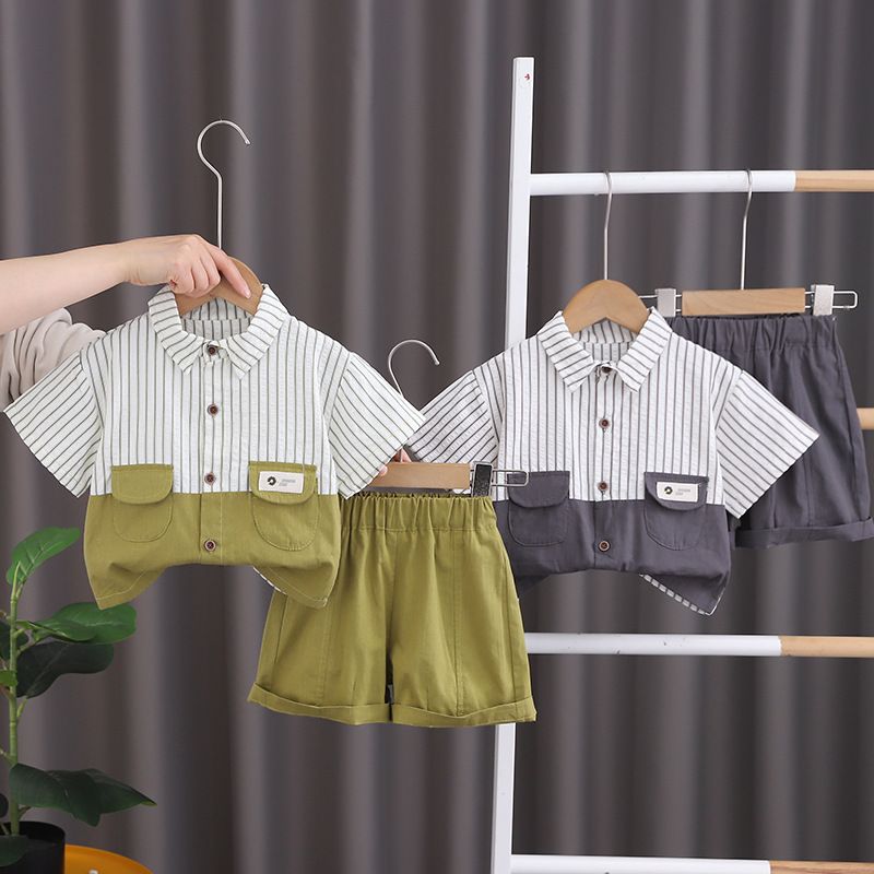 2024 New Handsome Summer T-shirt Little Boys Vertical Stripe Shirt Short Sleeve Two Piece Set_voghion.com