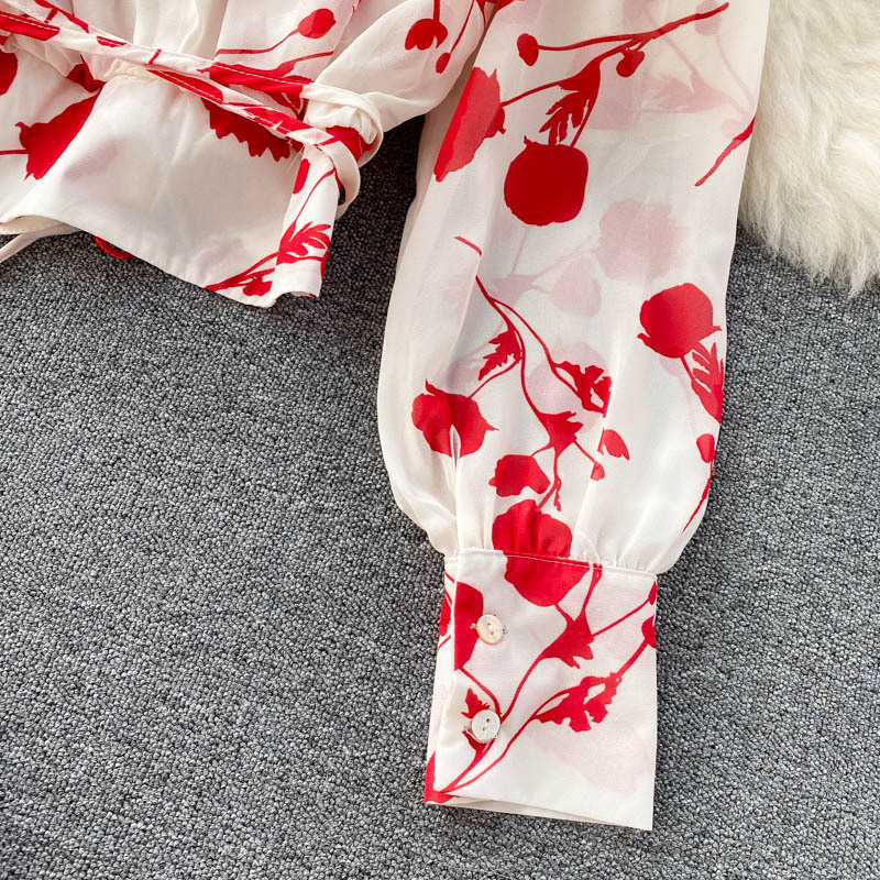 Chemise courte en mousseline de soie imprimée de style resort pour femmes, avec jupe fendue à bords d'oreilles funky, ensemble deux pièces tendance_voghion.com
