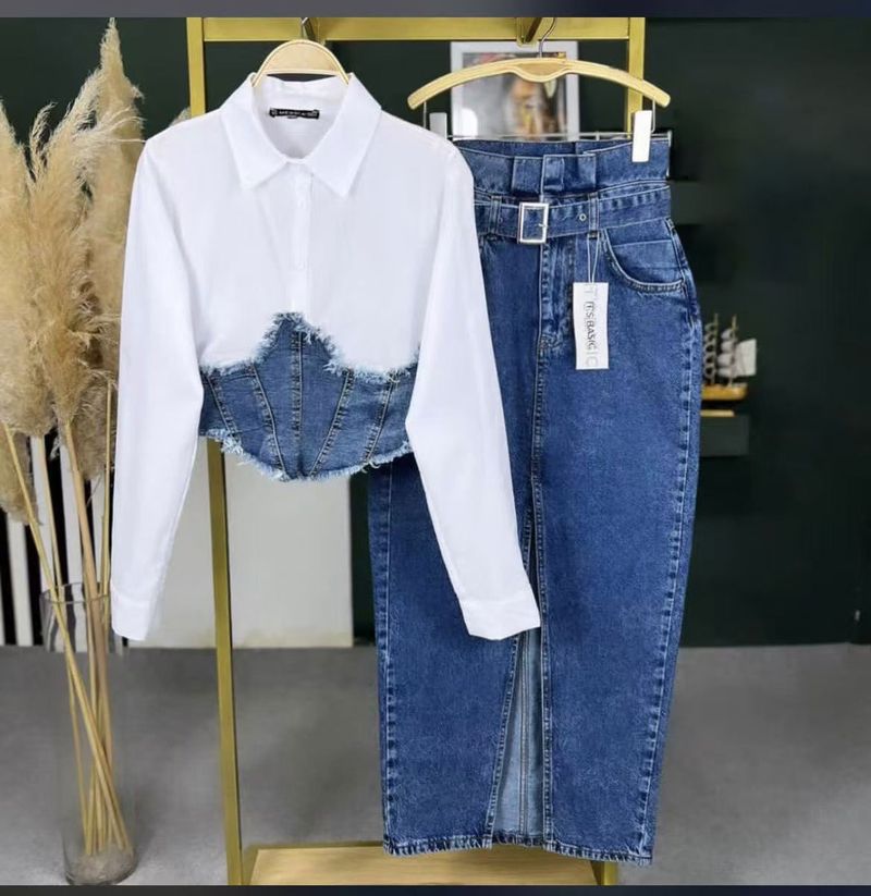 Damenbekleidung Nähte Langarmhemd Denim Schlitzkleid Zweiteiliger Anzug_voghion.com